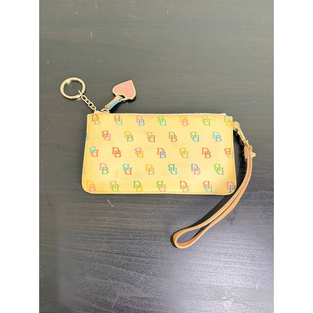Vintage Dooney & Bourke Rainbow Monogram Wristlet Wallet Cream Heart Charm Pouch